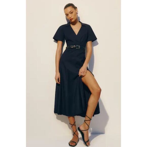 NWT Reformation ISADORA navy blue midi length short sleeve full wrap Size 10 - Picture 4 of 15